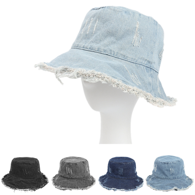 Hat Female Summer Retro Washed Jean Fisherman Hat Japanese Frayed Sun-Proof Basin Hat Korean Style Broad-Brimmed Hat