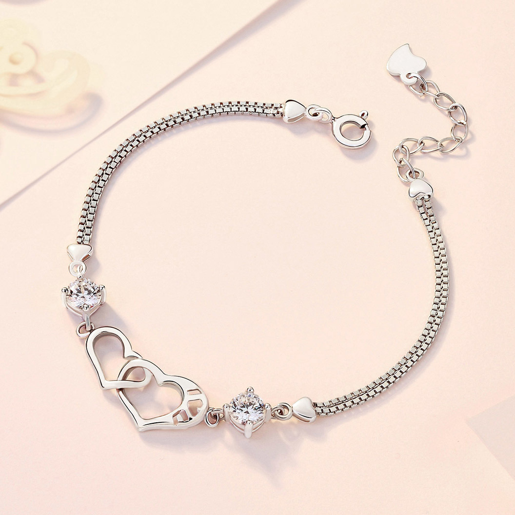 韩国韩版 白铜镀白金简约女气质紫水晶心形银手链 双心形 批发