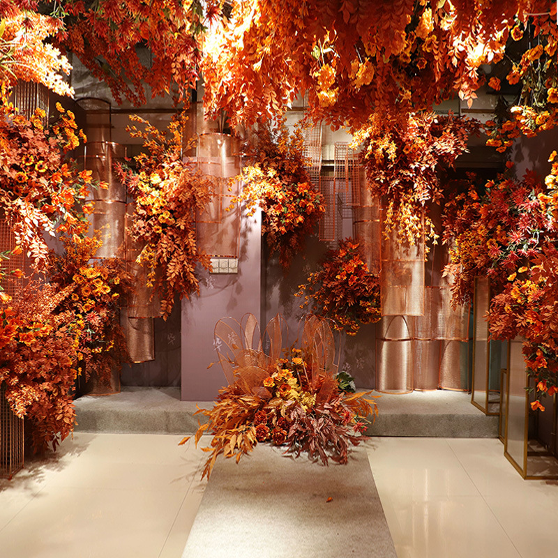 若惜新桔色系婚庆仿真花场景花材组合 婚礼大堂吊顶拱门假花批发