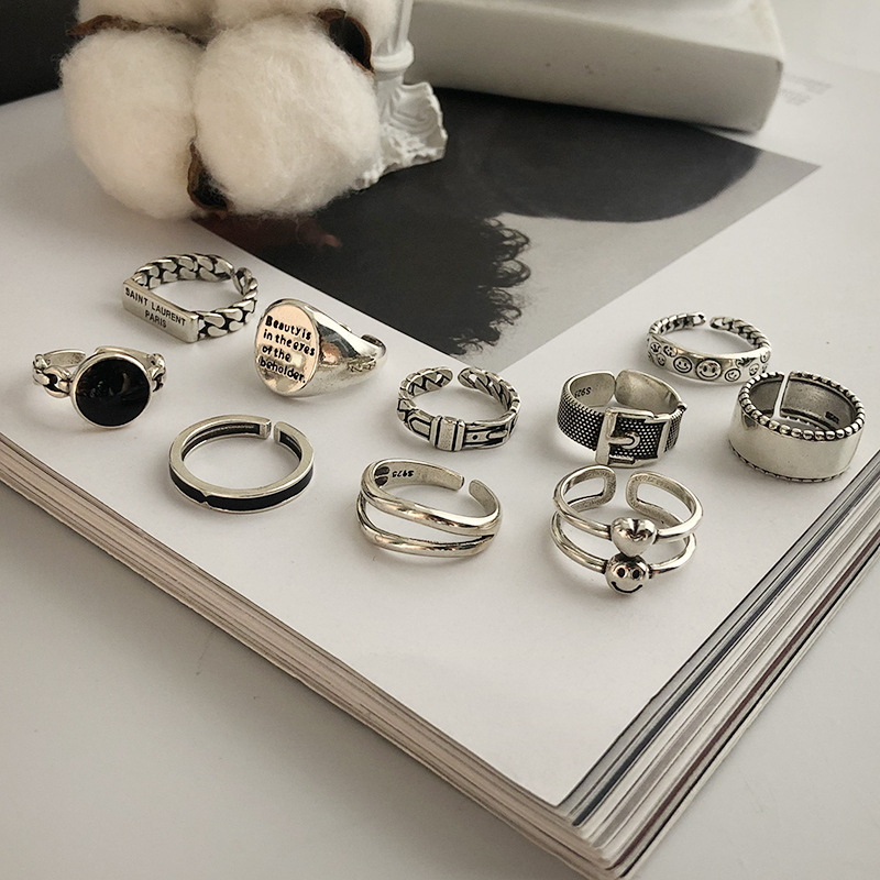 Japanese and Korean Trend Combination Stacked Ring Female 925 Silver Ins Personality All-Match Hip Hop Style Student Open Index Finger Ring