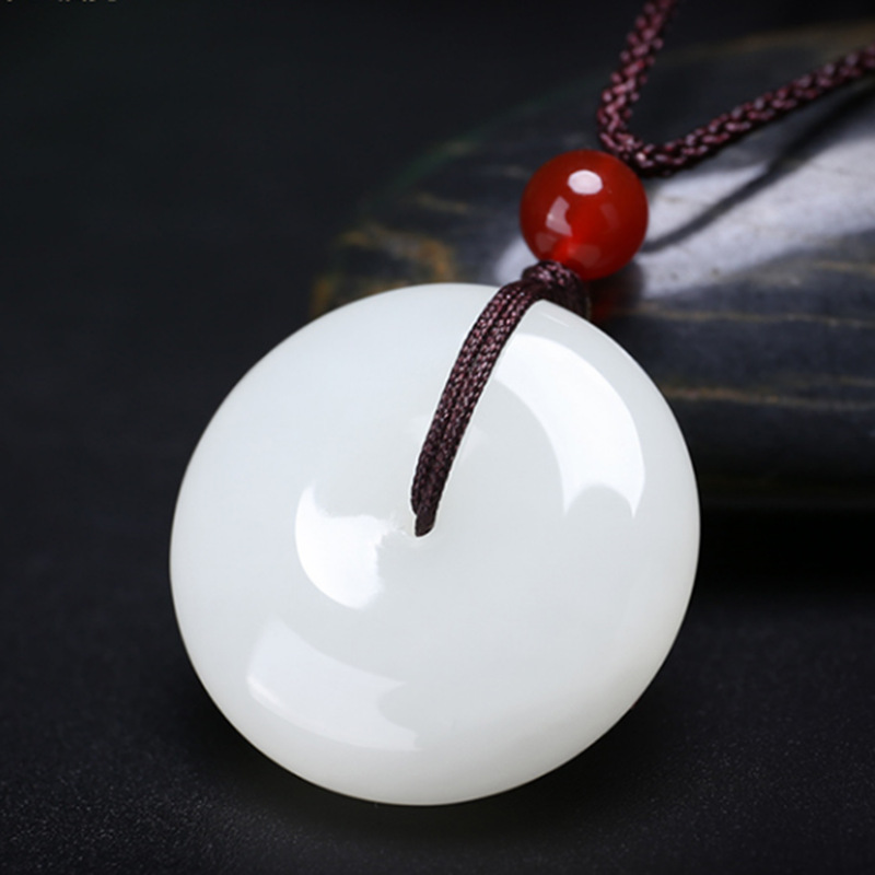 批发新疆金丝玉羊脂白平安扣玉吊坠情侣男女款挂件玉佩玉坠带证书