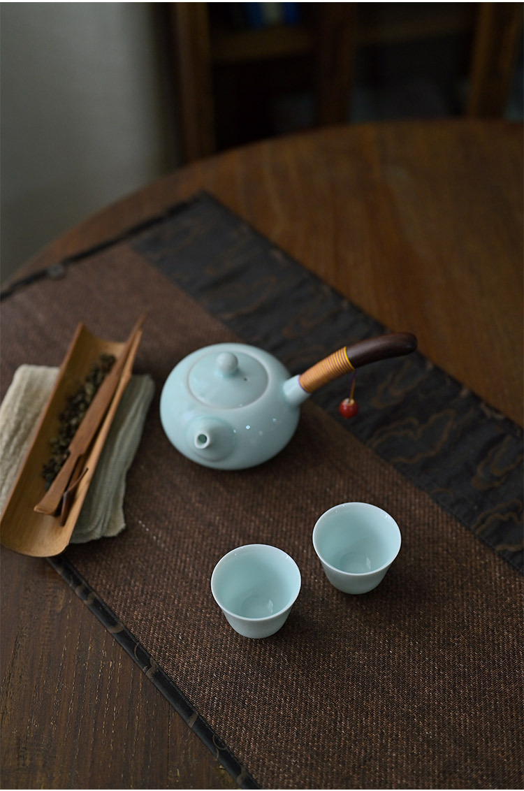 景德镇手工纯色影青瓷侧把壶黑檀木禅意日式简约功夫茶壶