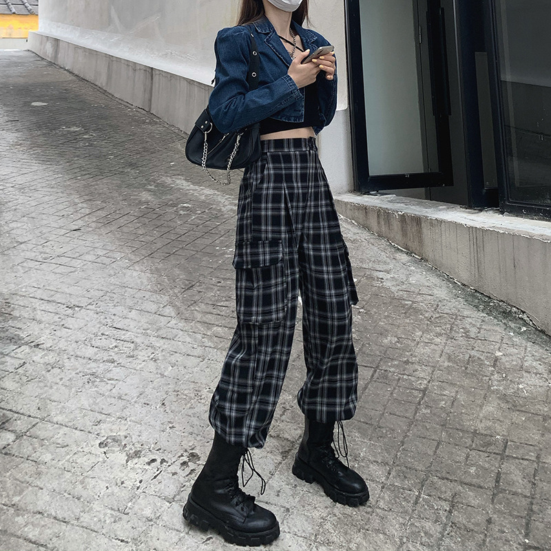 格子裤工装裤女秋冬显瘦高腰复古阔腿裤百搭靴裤直筒帅气宽松裤子