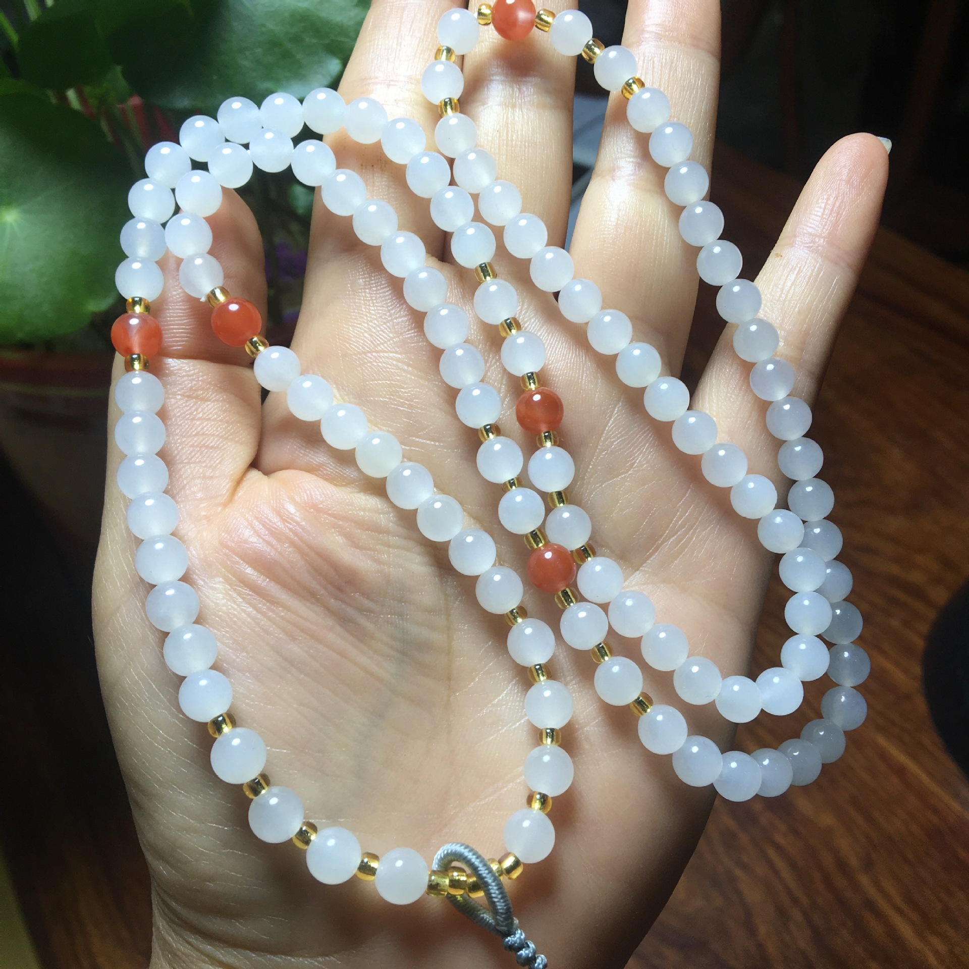 和田玉羊脂玉108颗佛珠圆珠挂链项链 白玉珠链挂饰多圈手串手链