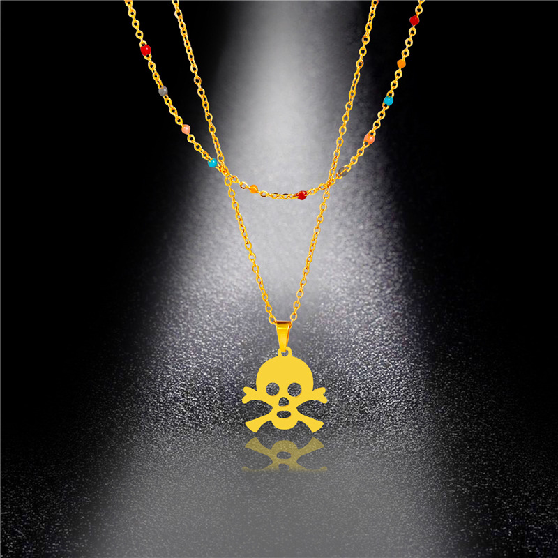 Double-Layer Stainless Steel Skull Necklace Popular Net Red New Simple Mixed Batch Light Luxury Titanium Steel Oil Dripping Skull Pendant