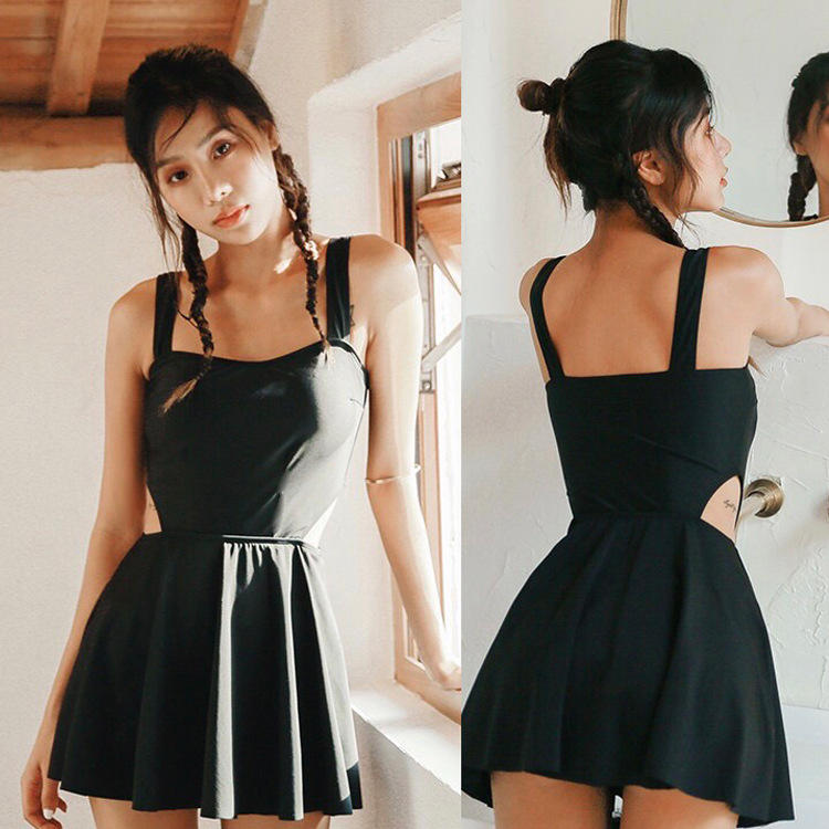 新款性感ins露腰泳装显瘦遮肚温泉泳池连体裙摆泳衣女