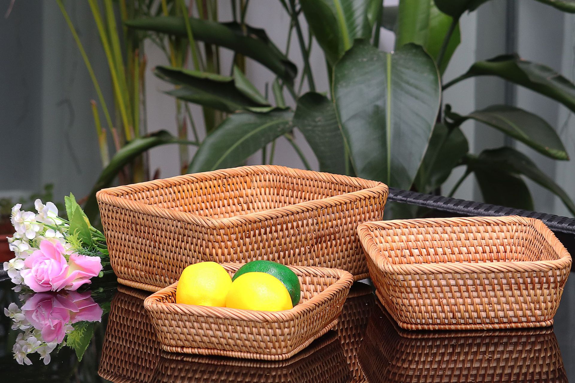 越南藤编织 糖果篮 收纳篮水果篮盘 柳编筐糖果大口果盘代发