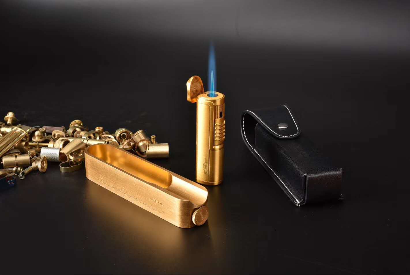 jifeng大火力直冲打火机烟缸开孔器雪茄钻牛皮皮套精美套装送礼