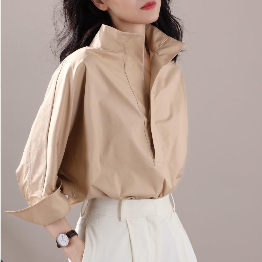 2021春季新款七分袖衬衫女设计感小众宽松显瘦立领白衬衫时髦上衣