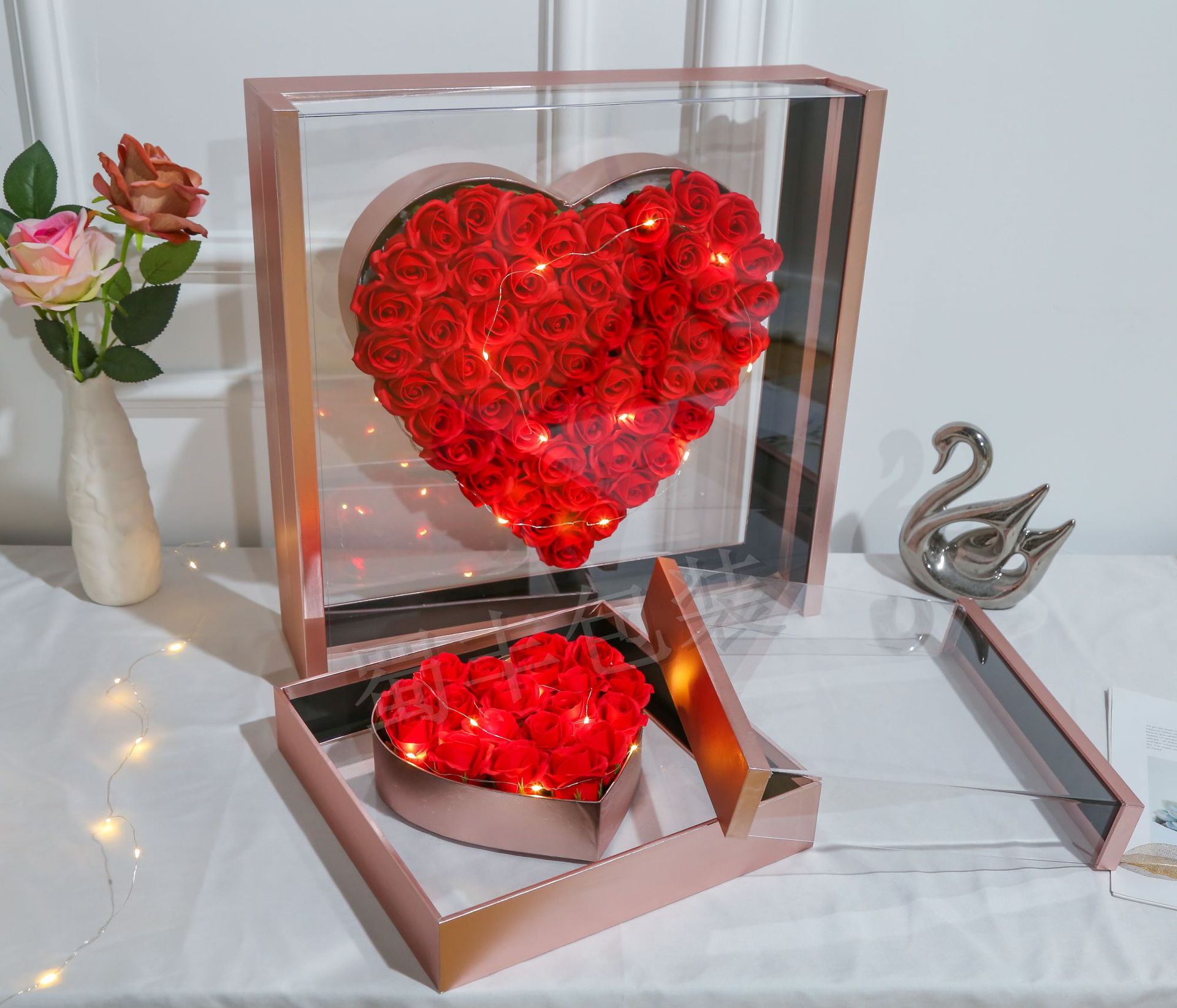 七夕天使之心全景爱心亚克力花盒鲜花包装盒玫瑰花永生花束盒子