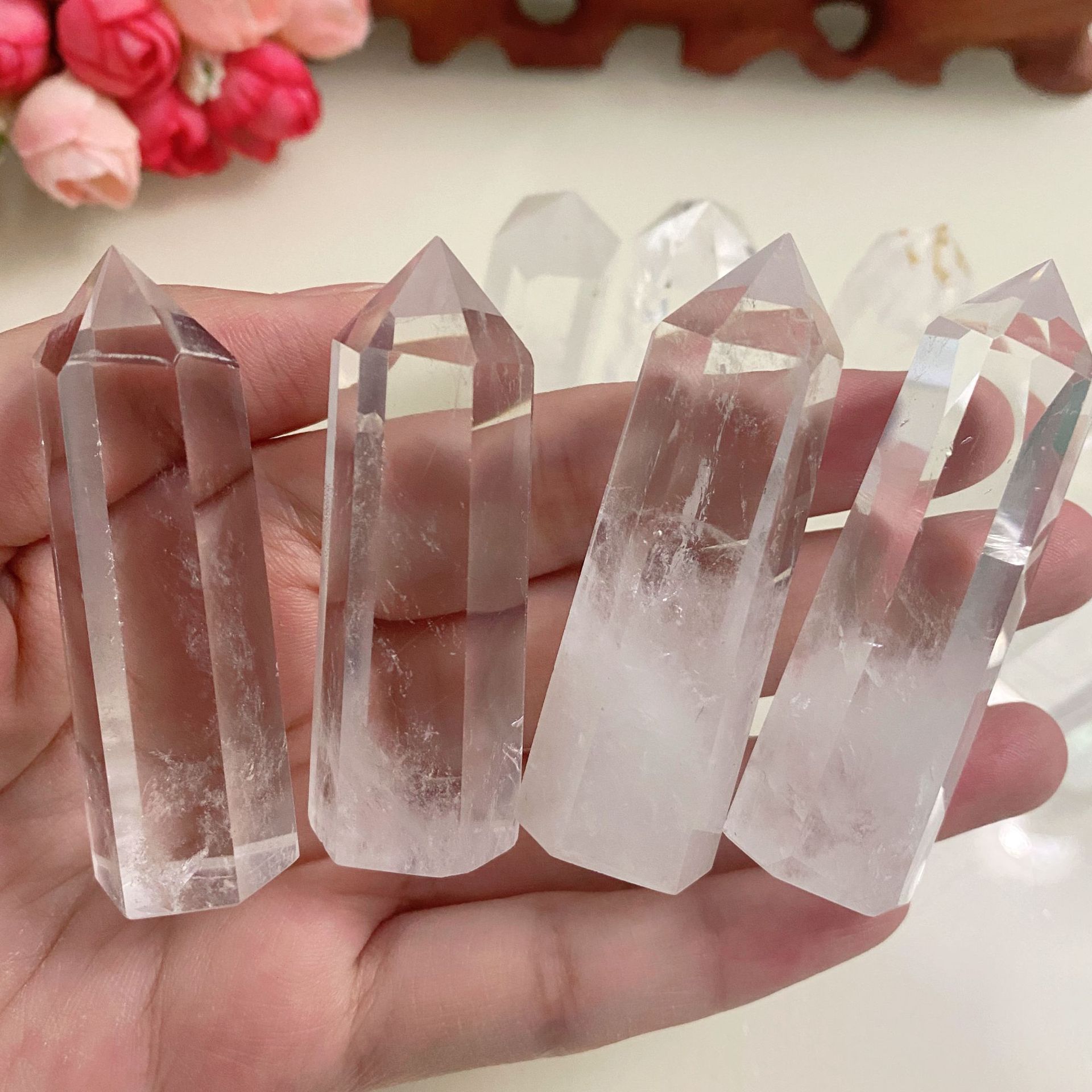 白水晶六棱柱摆件单尖手链消磁能量水晶柱家居风水摆饰助学业