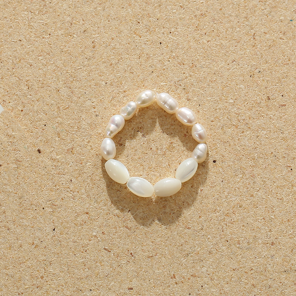 淡水珍珠木珠组合松紧戒指 韩国时尚少女摆拍尾戒 可调节批发