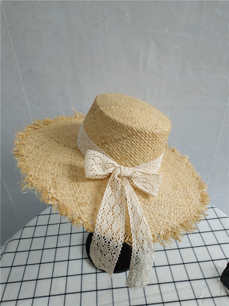 拉菲草小平顶草帽女韩版个性蕾丝遮阳防晒海滩帽