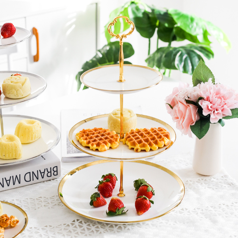 European Golden Rim Ceramic Three-Layer Fruit Plate Cake Stand Household Living Room Coffee Table Afternoon Tea Candy Dessert Dessert Plate