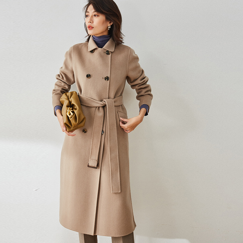 21秋冬新英伦风双排扣腰带加长侧开叉双面呢羊毛大衣外套女12282
