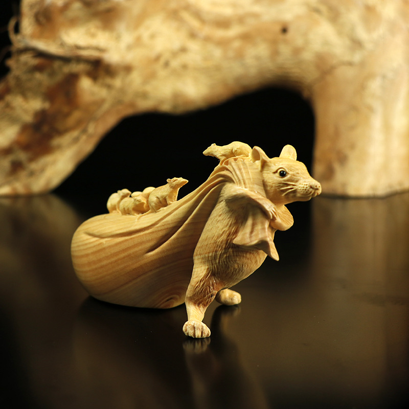 黄杨木雕刻生肖老鼠手把件动物运财富把玩数钱子孙满堂家居车摆件