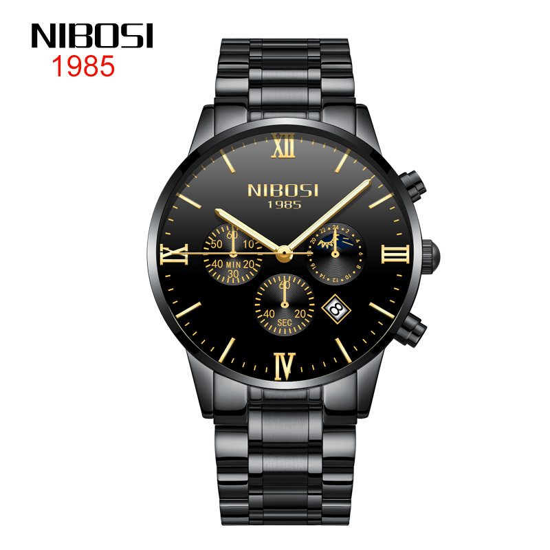 nibosi/尼伯斯时尚精钢月相男士手表三眼6针蝴蝶按扣实心钢带男表