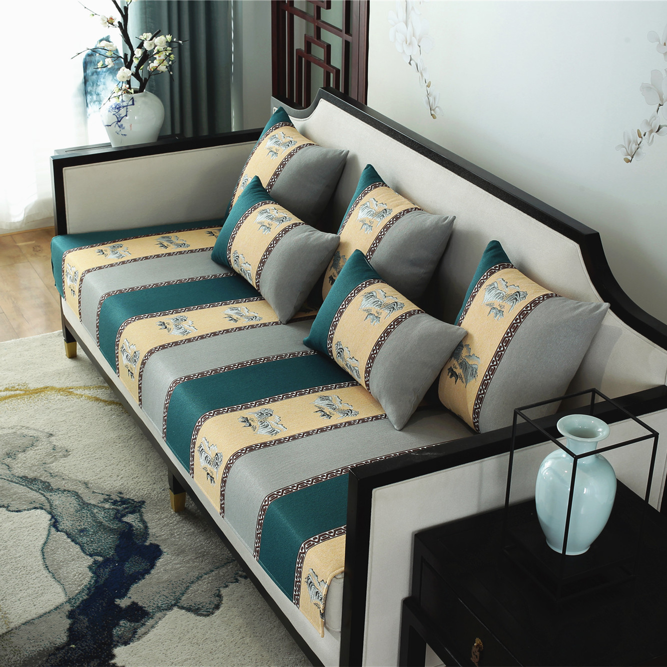 沙发垫四季通用防滑雪尼尔实木沙发坐垫新中式布艺皮沙发罩巾定做