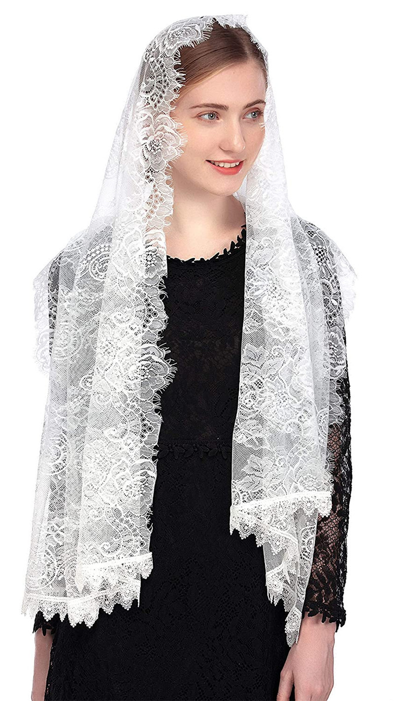 2021新款穆斯林头纱欧美黑色新娘头纱围巾软蕾丝披肩天主教头纱