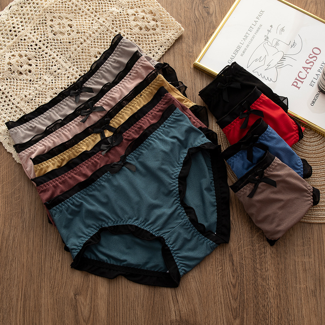 新款中腰超薄冰丝包臀拼色性感蕾丝透气纯棉底档女士三角裤内裤女