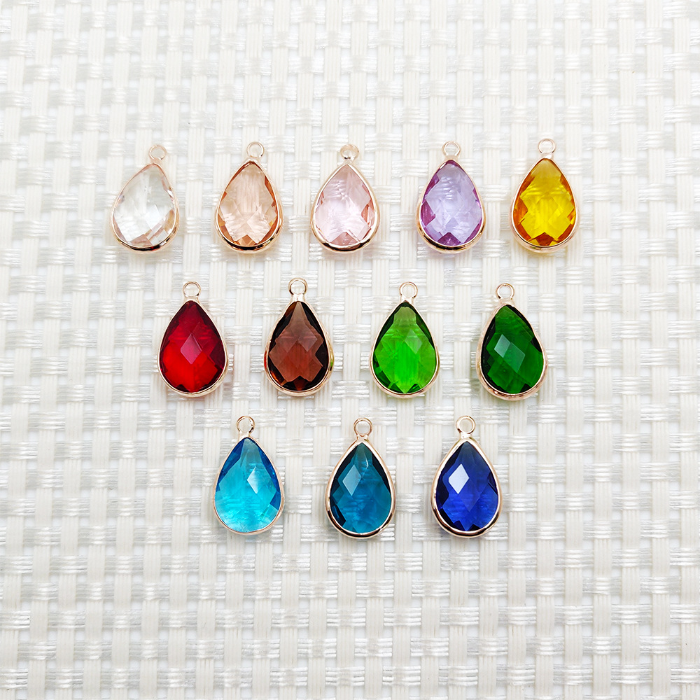 新款diy饰品12色生辰石玻璃钻挂件水滴不锈钢玫瑰金包边