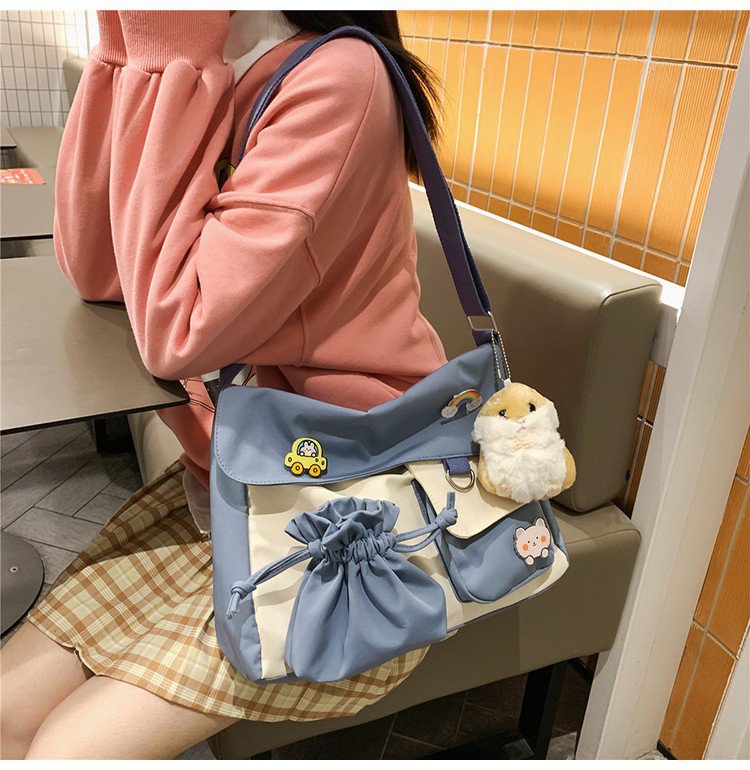 Japanese Ulzzang College Style Fresh Creative Drawstring Contrast Color Cute Student Class Bag Messenger Bag Women's Bag