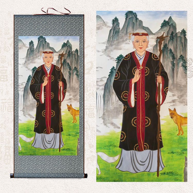 黑老太太神像挂画黑老太黑老妈妈像胡三太爷太奶佛像丝绸卷轴画