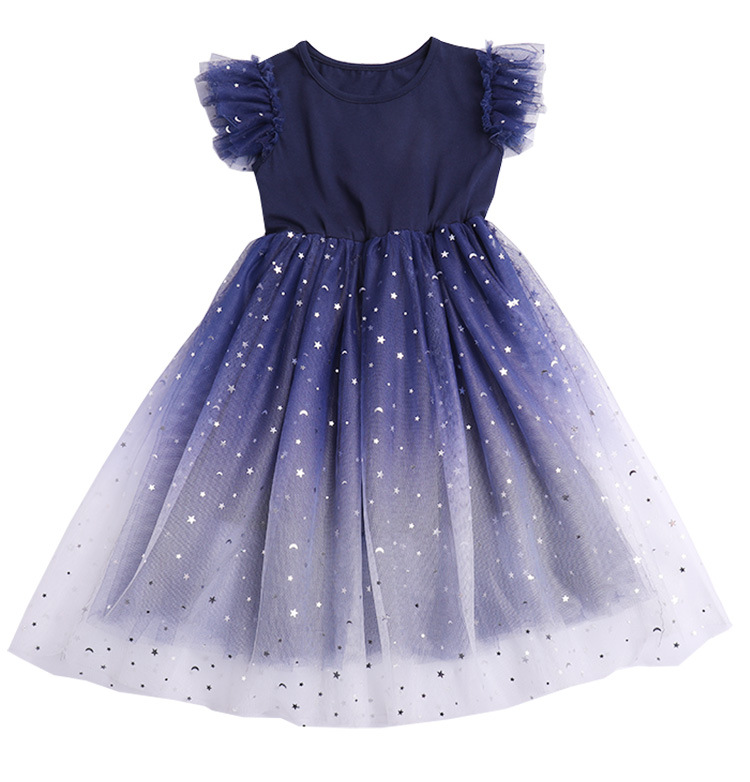 夏季新款中大儿童渐变星空裙女童拼接纱裙小飞袖公主无袖连衣裙