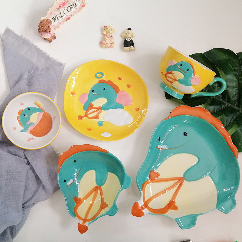 Japanese Cartoon Bitron Cute Bowl Plate Cup Set Household Ceramic Tableware Dinosaur Children's Rice Bowl Plate