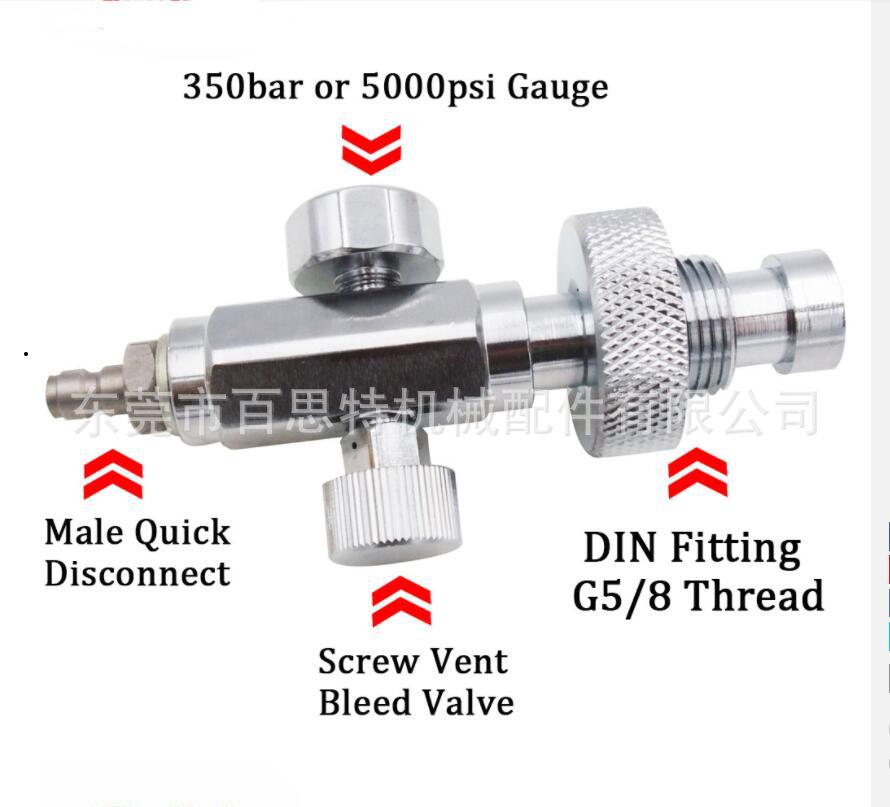 g5 / 8充气阀 带5000psi / 350bar压力表 和快速断开公头