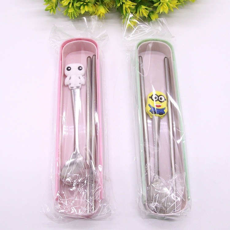 Factory Wholesale Cartoon Children's Stainless Steel Spoon Chopsticks Set Simple Baby Spoon Chopsticks Set Wholesale