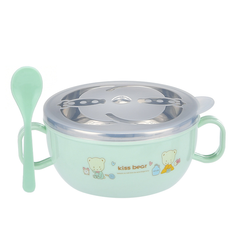 Stainless Steel Children's Cartoon Rice Bowl Double-Layer Insulated Double-Ear Bowl Baby Food Supplement Bowl with Handle Drop-Resistant Bowl with Lid Spoon