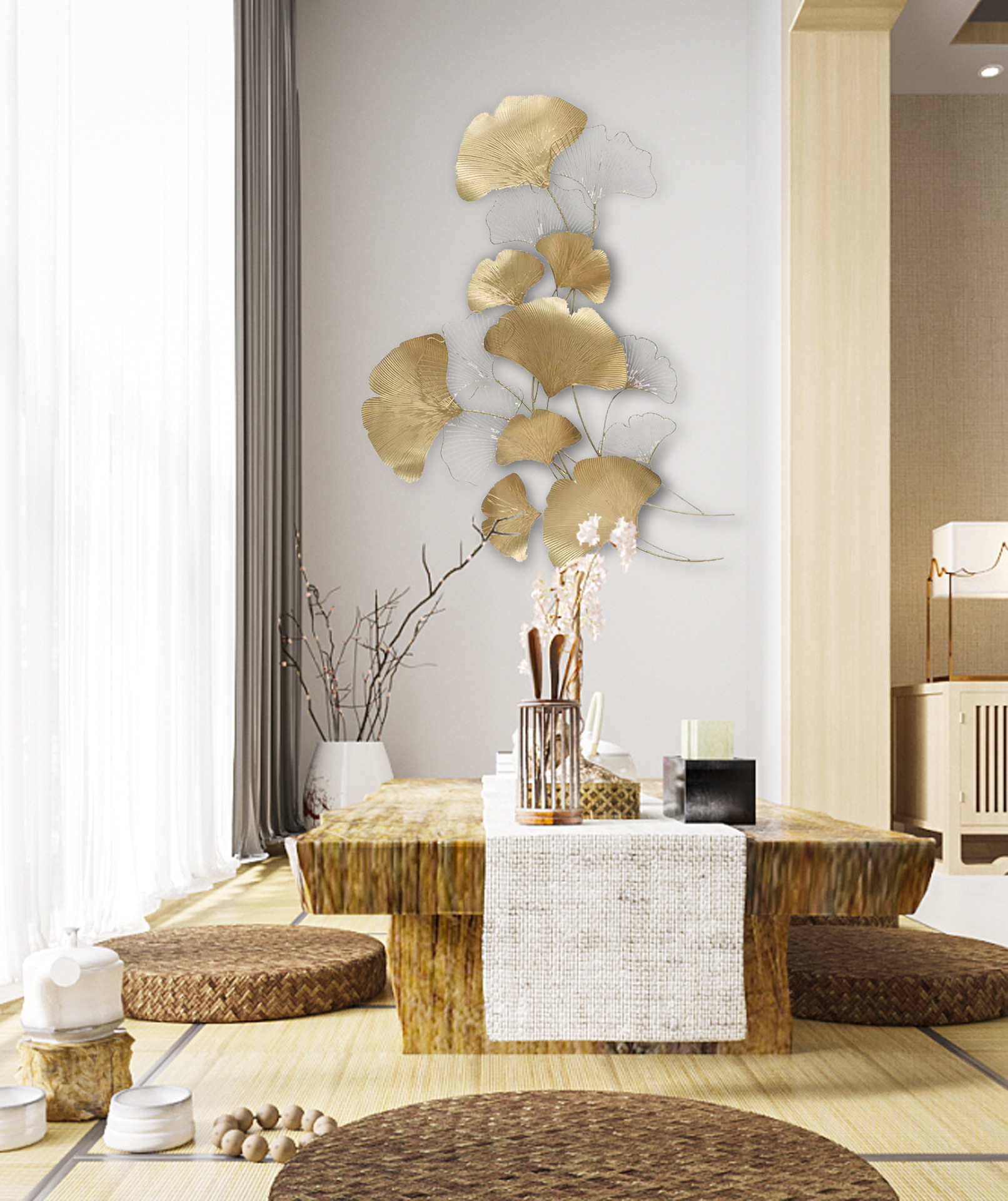 现代中式铁艺挂件墙面装饰客厅背景墙玄关金属壁饰创意银杏叶壁挂