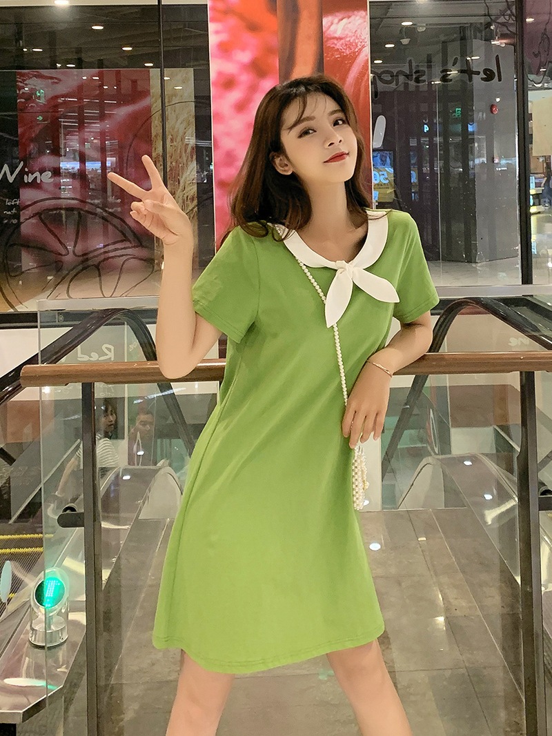 2020网红抖音快手热销新款中长夏装牛油果绿色小清新t恤连衣裙子