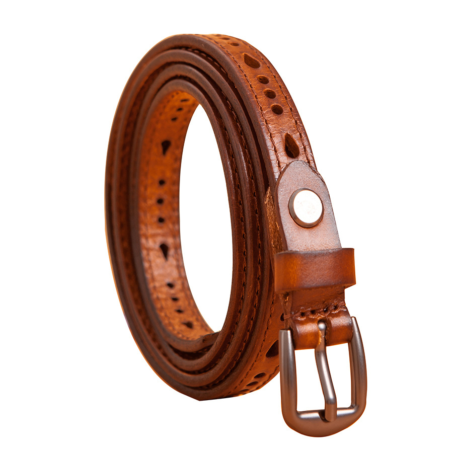 korean style women‘s belt cowhide belt genuine leather fashion all-match pants belt hollow punching first layer leather thin belt wholesale