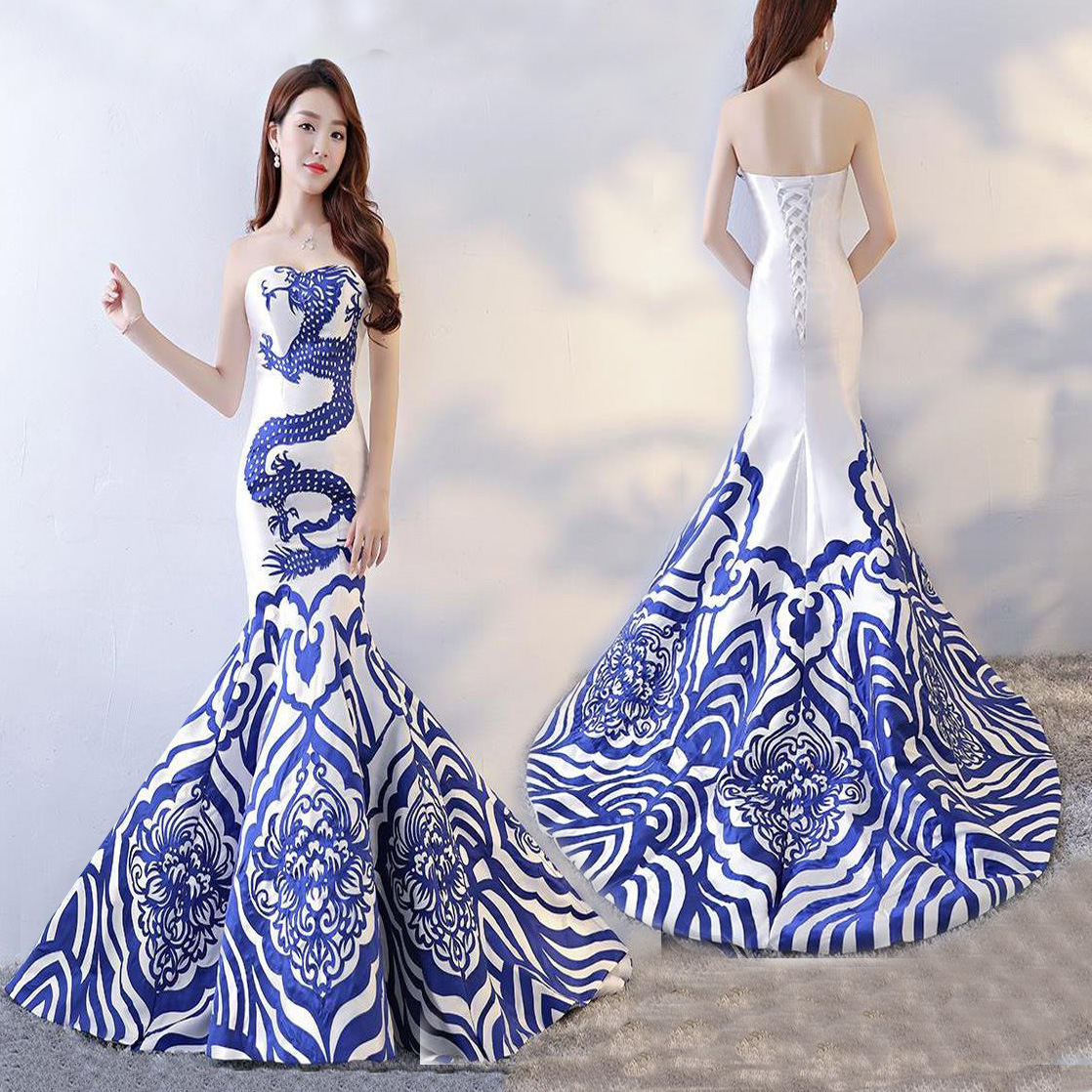 青花瓷中式新娘结婚敬酒服鱼尾拖尾婚纱礼服宴会晚礼服年会演出服