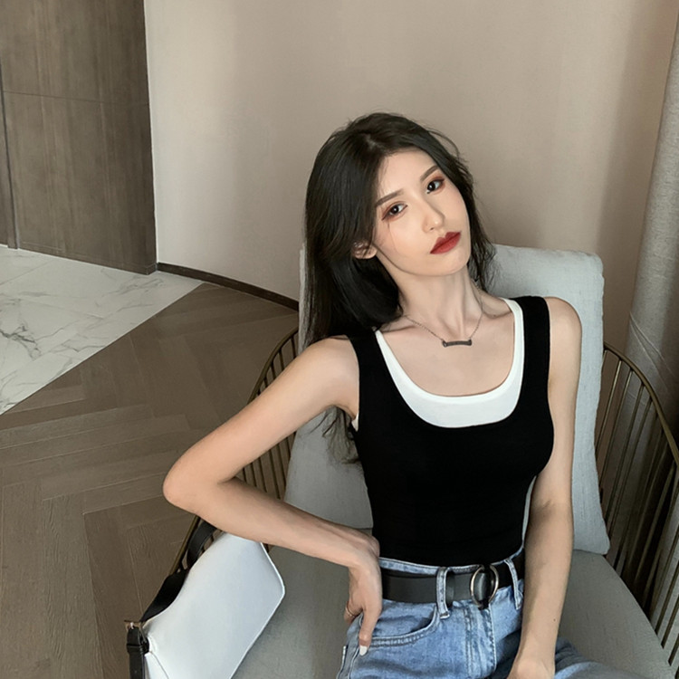 2020夏季新款港风假两件背心外穿吊带女修身显瘦短款无袖打底上衣