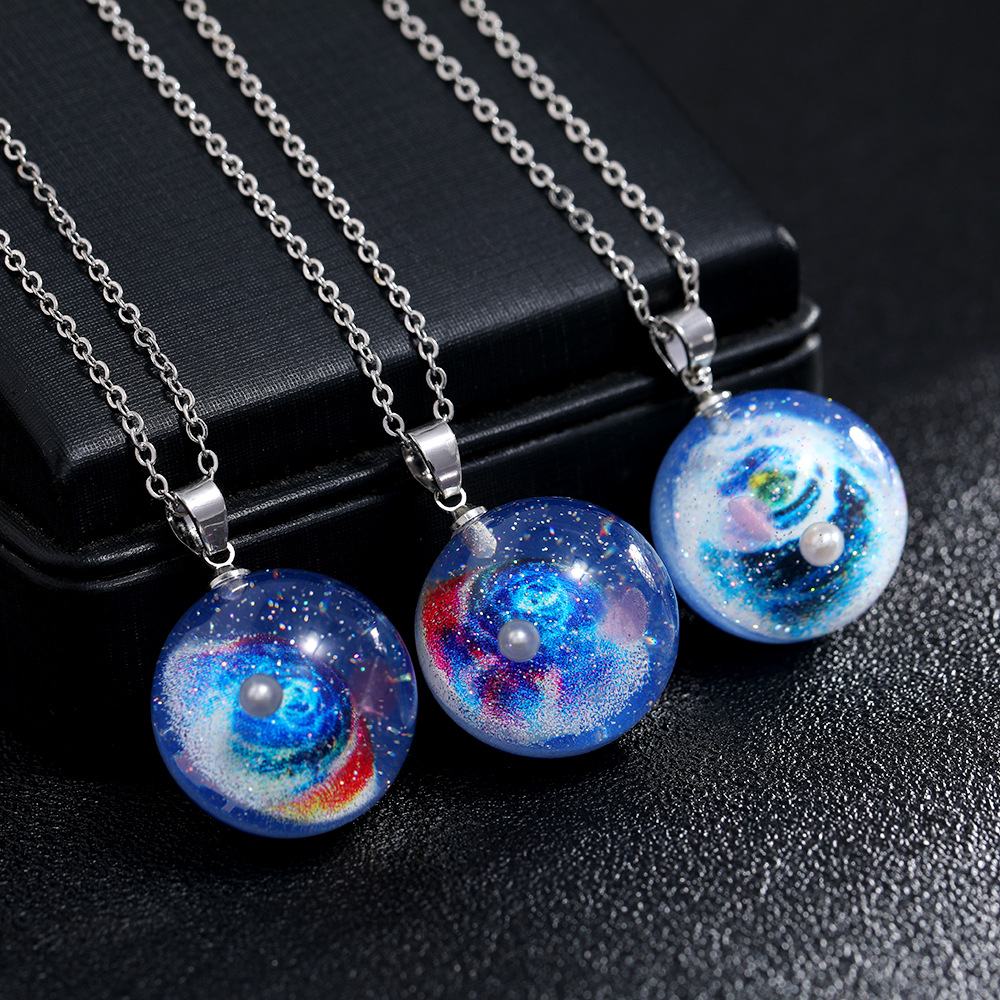 星际宇宙树脂球吊坠夜光星球吊坠珍珠项链彩色星空跨境电商热销