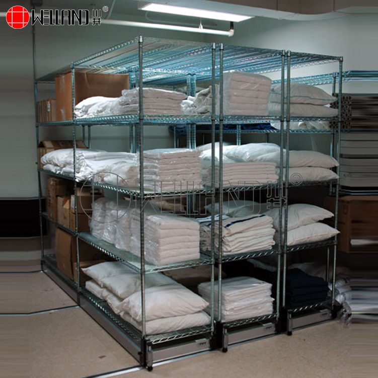 nsf工厂直销可移动五层酒店储物货架洗衣房布草间带轮电镀铬货架