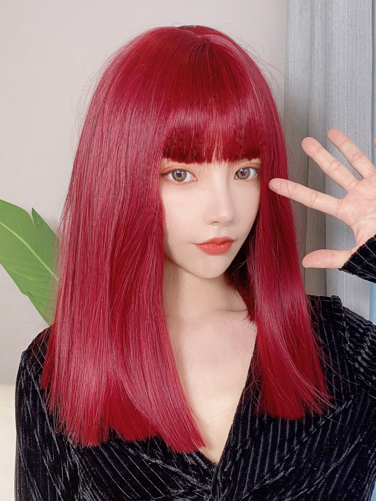假发女长发自然漫画齐刘海lisa同款女团发色红色中长发直发全