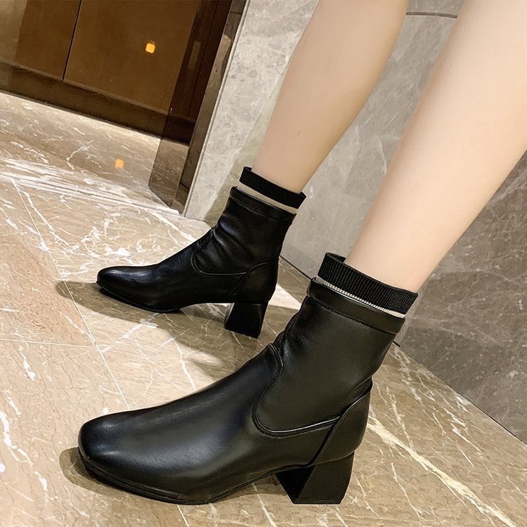 女式针织马丁靴袜靴粗跟方头短筒靴子