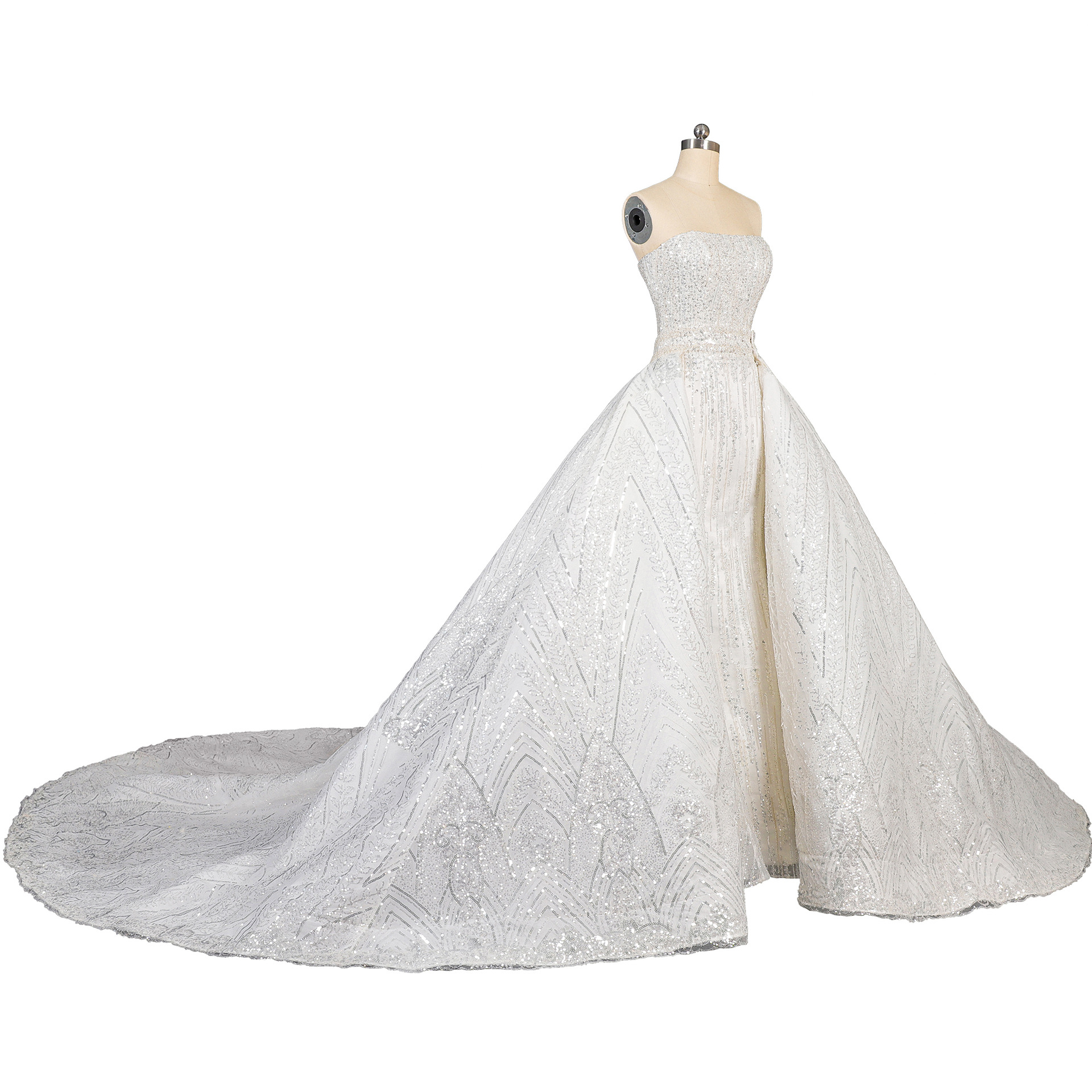 高级定制奢华抹胸可拆卸拖尾婚纱礼服闪耀珠饰亮片鱼尾抹胸款婚礼