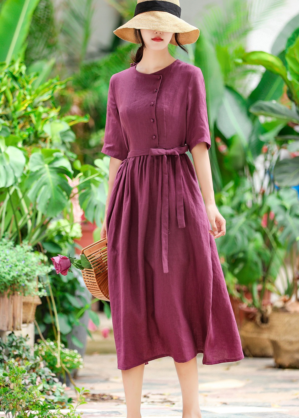 2020新款棉麻女装 中袖文艺亚麻长款系带连衣裙女 旅行宽松袍子