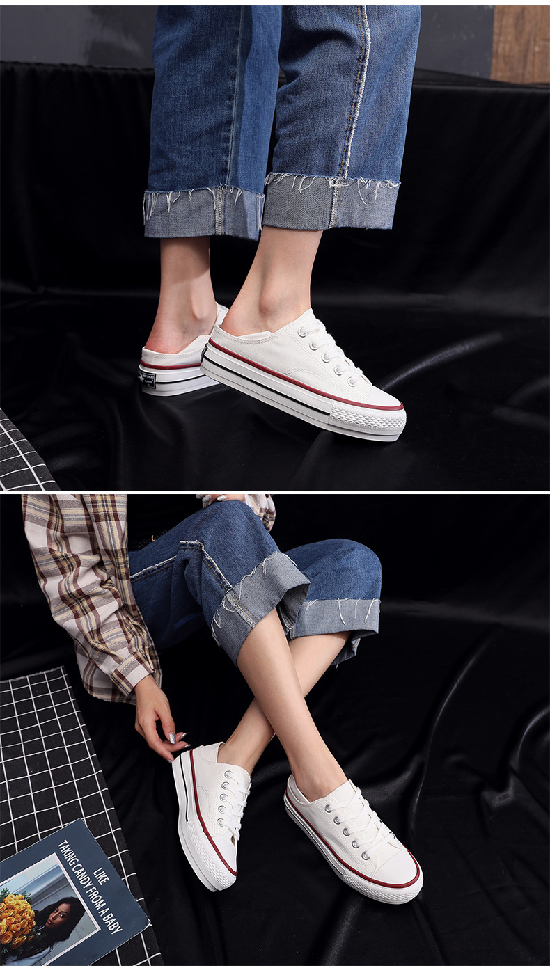 厚底帆布鞋女两穿踩跟半拖松糕鞋休闲小黑鞋一件代发分销三次硫化