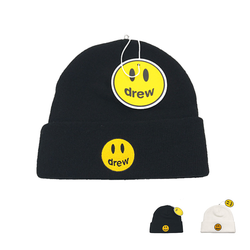 潮牌drew笑脸刺绣帽子毛线帽韩版秋冬保暖护耳帽纯色包头针织帽女