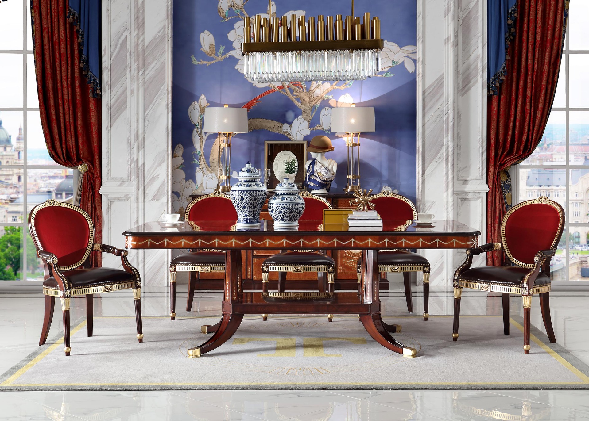 亚历山大家具欧式实木大长餐桌镶嵌贝壳别墅奢华英式法式古典餐桌