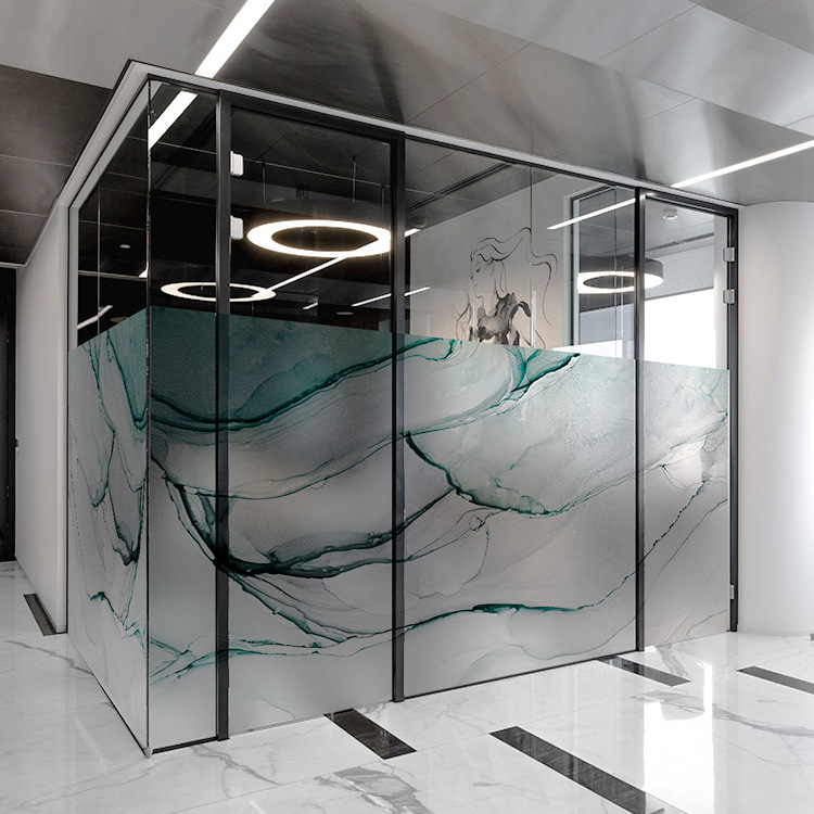 厂家定制 轻奢大理石纹 高温彩釉炫彩艺术玻璃 办公室新中式隔断