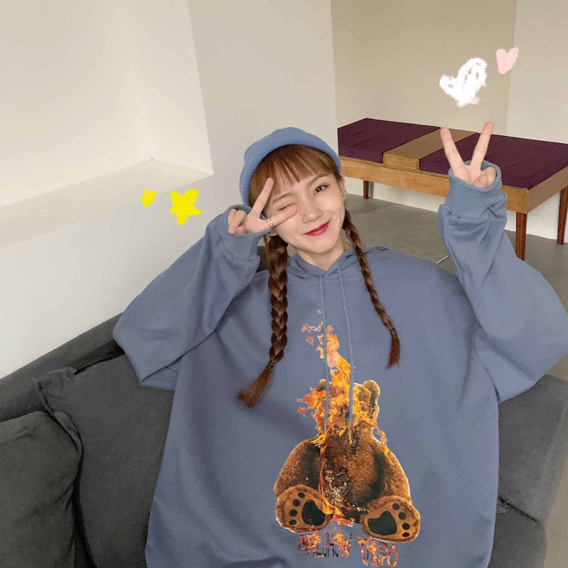 韩版时尚燃烧熊连帽宽松校园风卫衣女长袖打底衫外套女一件代发