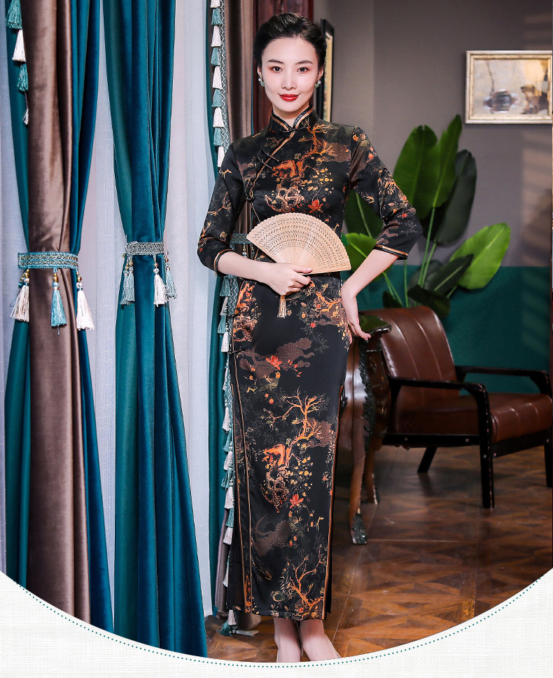 上海旗袍厂wx真丝长袖旗袍长款日常改良旗袍裙桑蚕丝连衣裙中老年老