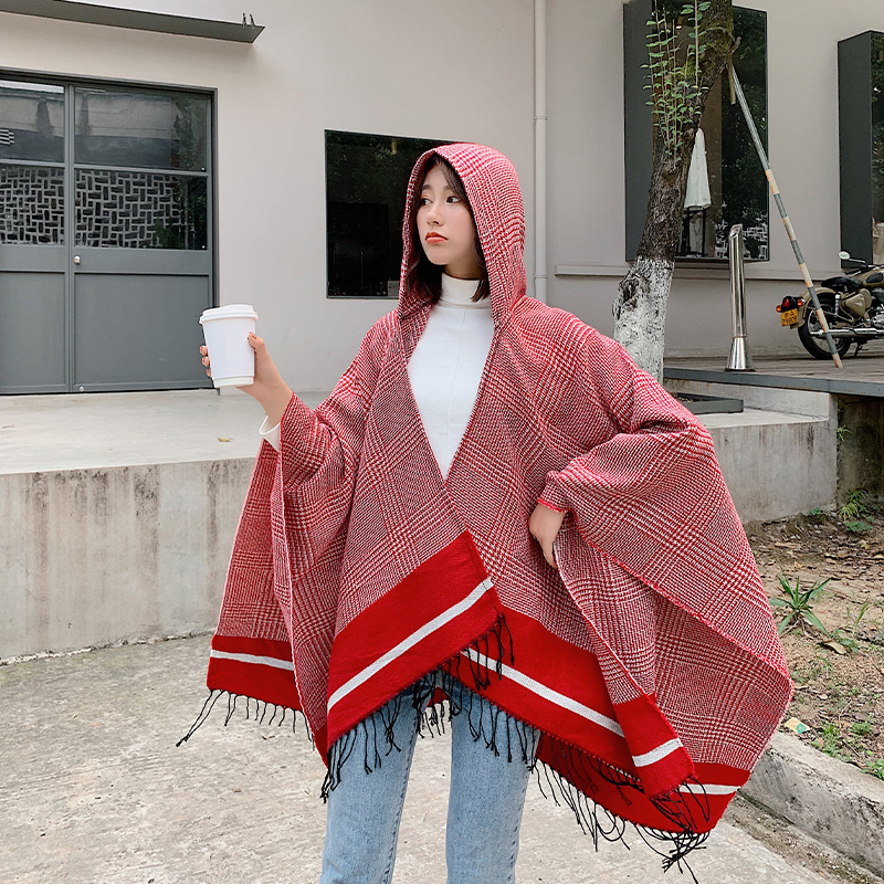 Houndstooth Red Hooded Cloak Tibet Yunnan Travel Thick Warm All-Match Cloak Coat Shawl